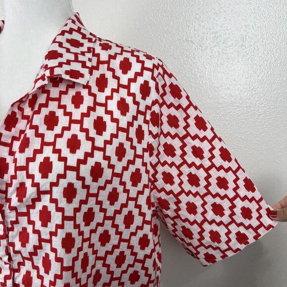 Shade & Shore Button Down Shirt Women Large Red White Graphic Short Sleeve Top - Picture 8 of 13